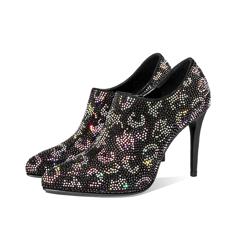 ISNOM из натуральной кожи стразы на высоком каблуке Для женщин женские туфли-лодочки обувь с острым носом со стразами модная дамская обувь для вечеринок женские