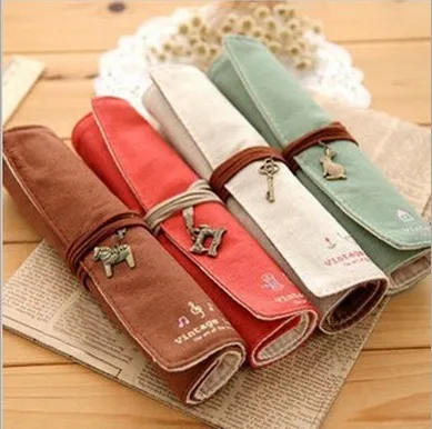 

1Pc Vintage Pencil Rolls Elegant Style Makeup Women Girls Canvas Pen Make Up Bag For Students Kids Metal Cosmetic Travel Handbag