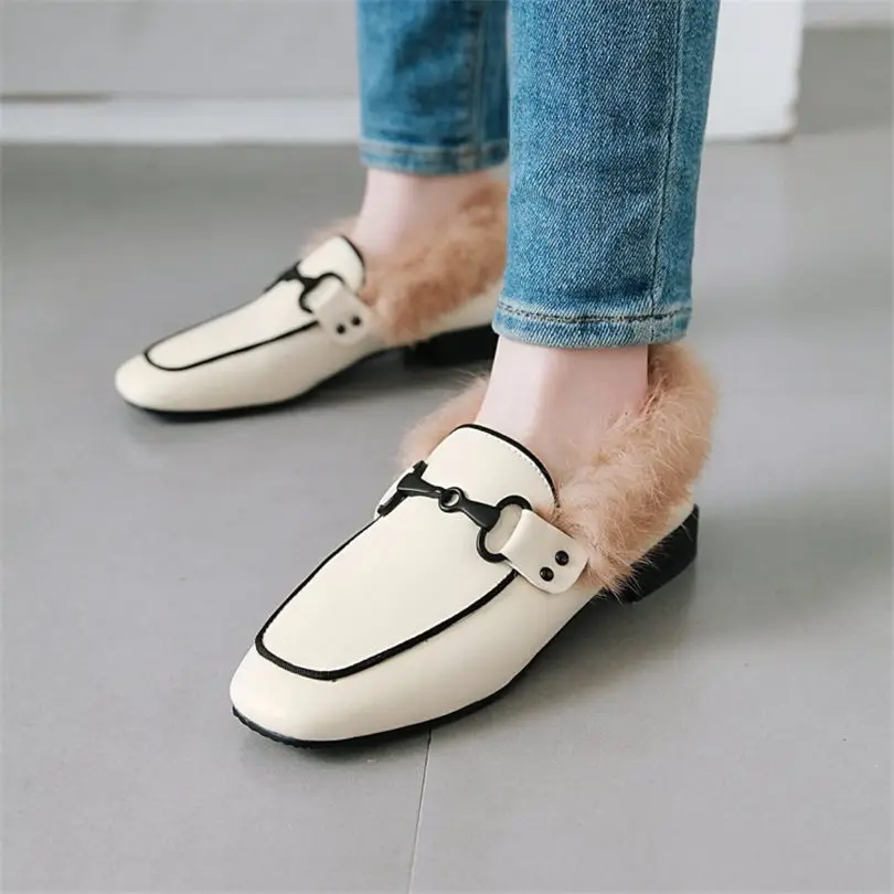 

NAYIDUYUN Women Slip On Big Faux Fur Low Heel Ankle Boots Round Toe Party Oxfords Winter Warm Snow Boots Chic Casual Shoes