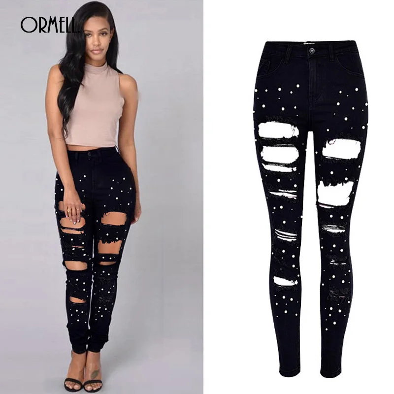 

ORMELL Black Ripped Holes Large Size High Waist Pencil Pants 2018 New Women Boyfriend Style Fashion Nail Beads Sexy Skinny Jeans