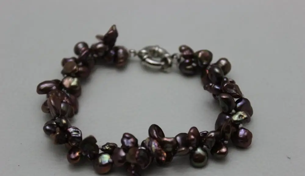 

2 strands brown Beautiful keshi reborn pearl bracelet 6x9mm"Handmade"Alloy 9" >>free shipping -Bride jewelry free shipping