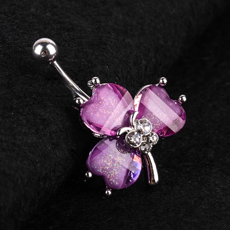 316l Surgical Steel Navel Belly Button Ring Bar Rhinestone Purple Cloverdream Catcherbutterfly 