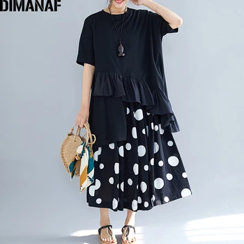 

DIMANAF Plus Size Women Sets Summer Big Size Cotton Female Lady Set Suits Tops Shirt Ruffles Loose Polka Dot Print Skirt Black