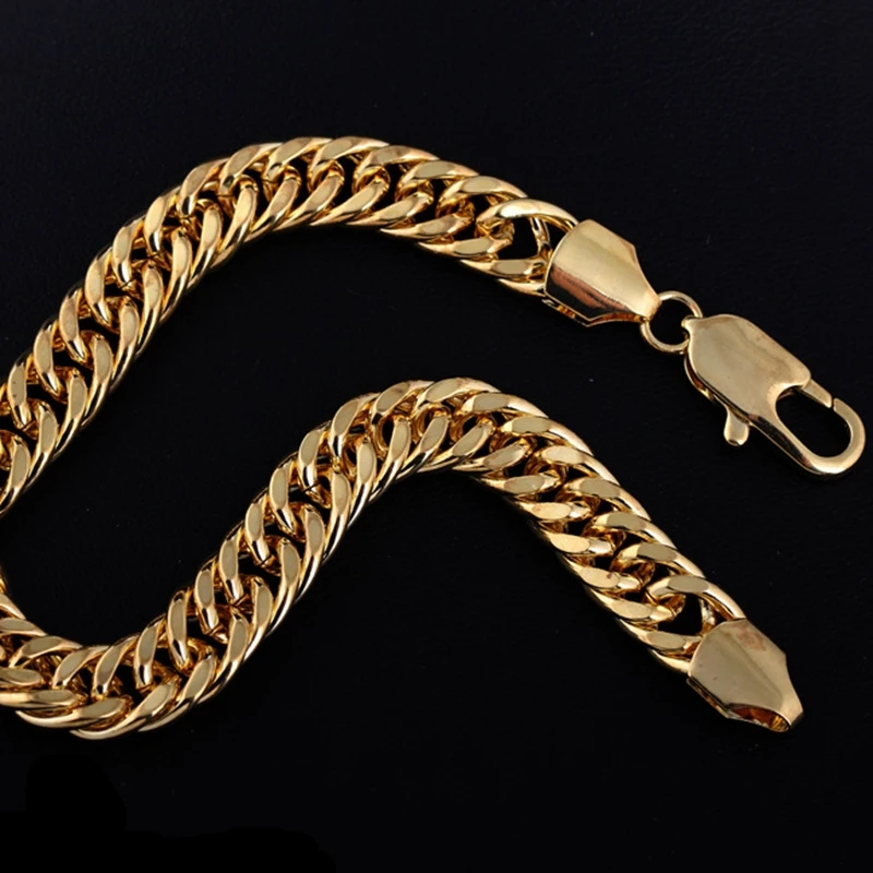 Solid Yellow Gold Filled Mens Bracelet Double Cuban Link 8.3"in Chain
