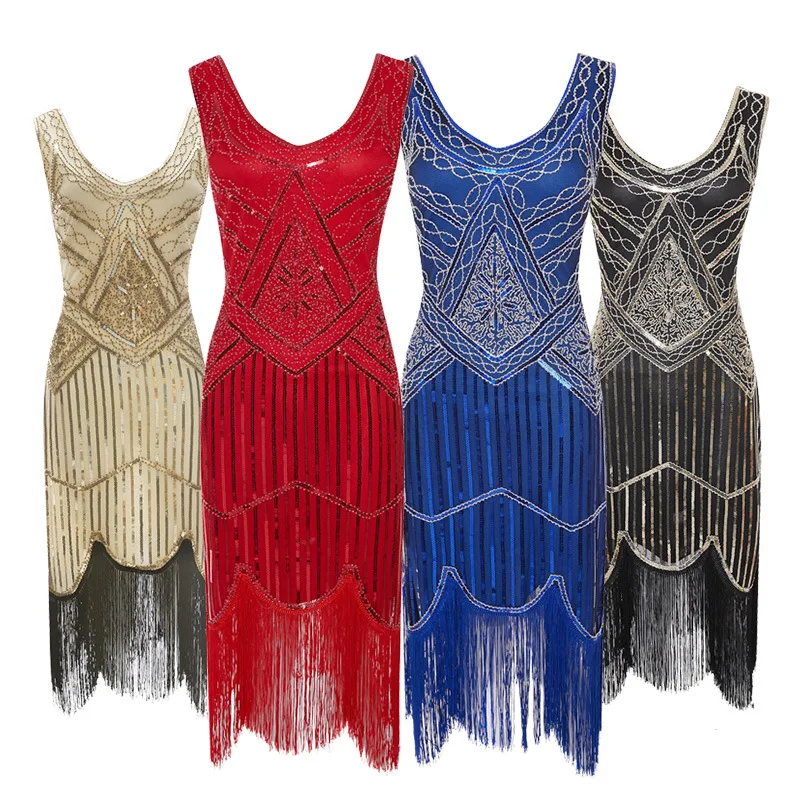 

Women Party Dress 1920 s Great Gatsby Flapper Vestidos Sequin Bead Fringe Dress Evening V Neck Embellished Fringed Sleeveless