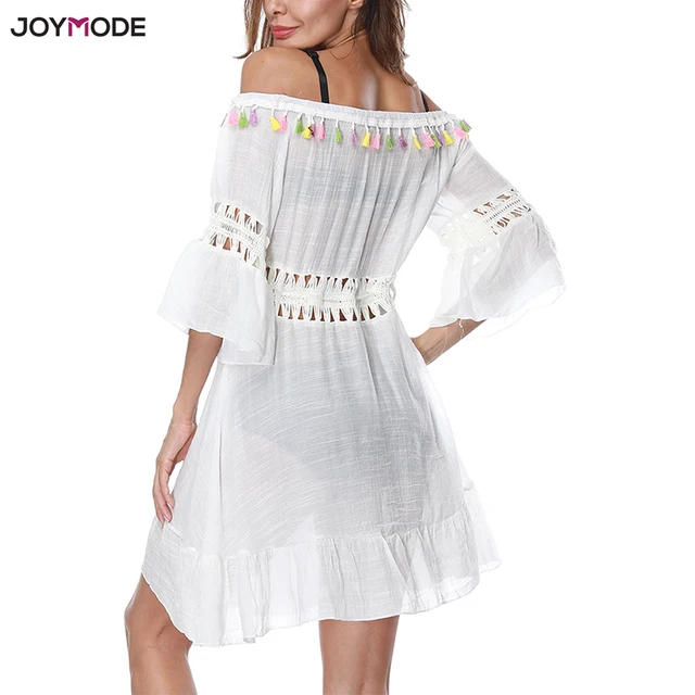 JOYMODE Off Shoulder Bikini Tunic Cover Ups Beach Skirt Praia De Croche Lace Pareos Tassel Mesh Dress Sun Bath Sexy Swim Blouse 1