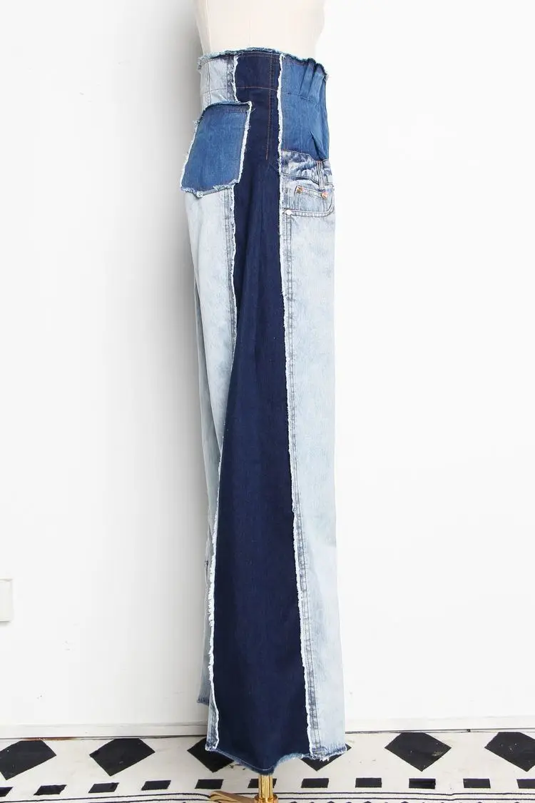 BOODINERINLE 2019 Новый сезон: весна–лето Высокая талия свободно хит Цвет джинсовый карман синие длинные широкие брюки джинсы Для женщин брюки