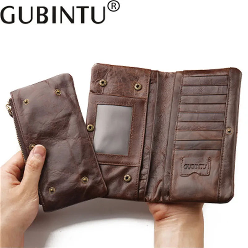 

GUBINTU retro first layer leather wallet men's multi-function zipper phone coin pocket leather long wallet