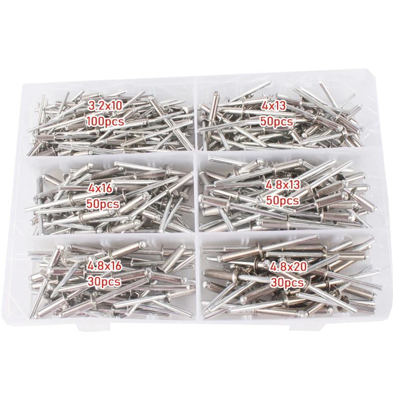Tanie 310 sztuk nity ze stali nierdzewnej zestaw asortymentowy M3.2 M4 M4.8 nity zrywalne za pomocą zakraplacza przechowywane w plastikowym pudełku