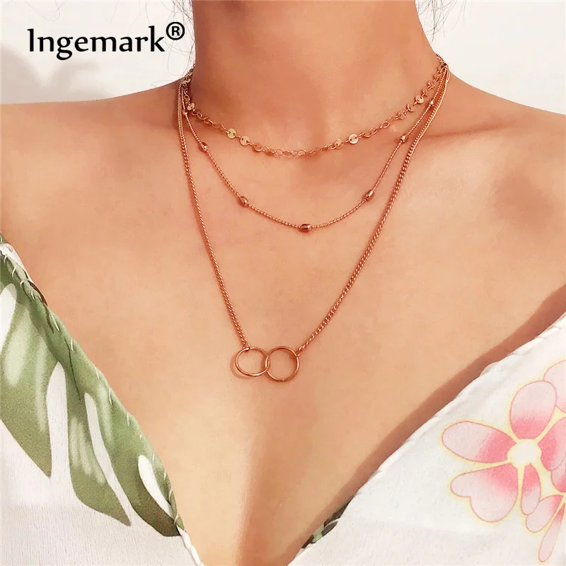 

Ingemark Sexy Multilayer Sequins Beads Choker Necklace Collar Statement Double Circle Interlock Pendant Necklace Women Jewelry