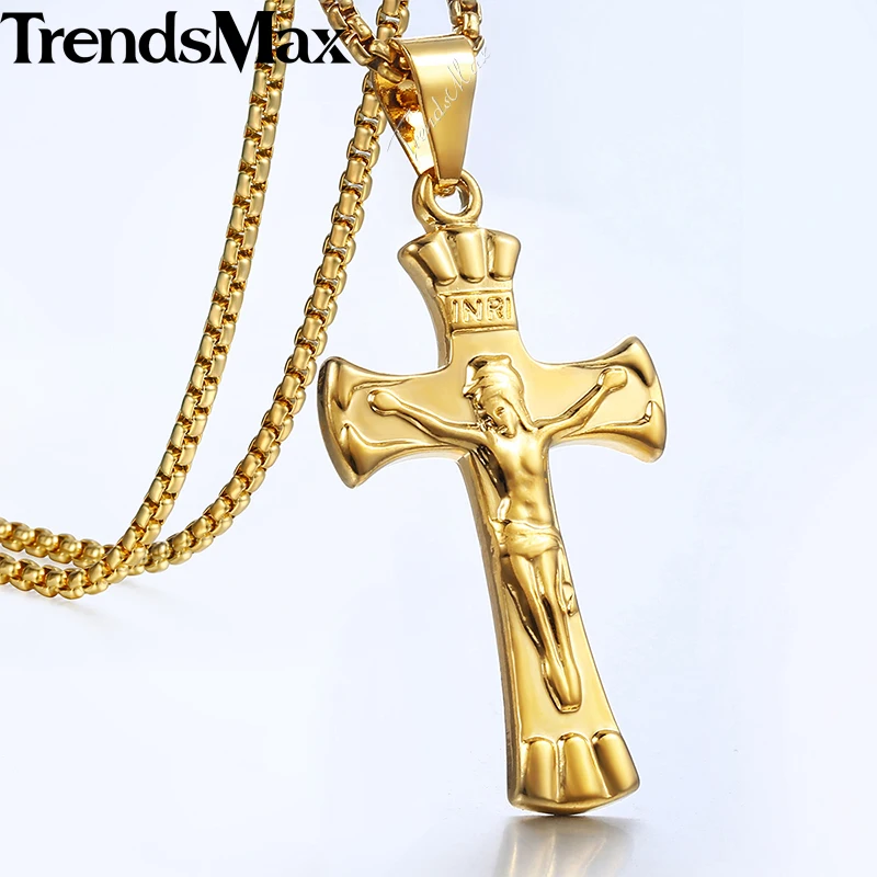 Trendsmax крест кулон для мужчин и женщин распятие INRI Jesus мужское золотое ожерелье с подвеской католическая женщина ювелирные изделия подарки KGP298A