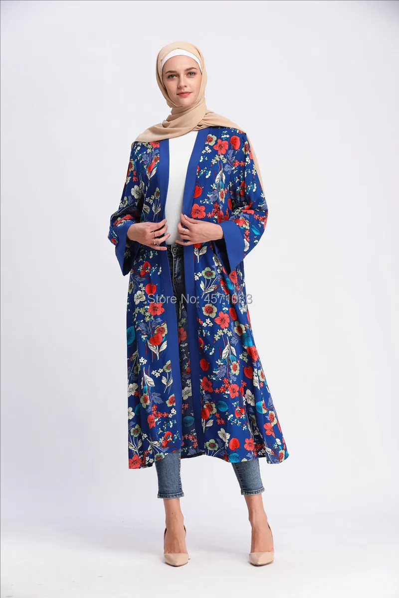 

Elegant Muslim Print Abaya Floral Maxi Dress Cardigan Long Robes Tunic Kimono Ramadan Turkey Islamic Clothing Free shipping