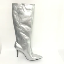 Серебристые блестящие кожаные женские сапоги до колена женская обувь с острым носком женские сапоги высокие сапоги с плюшевой подкладкой на высоком каблуке для женщин