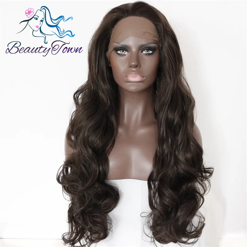 

BeautyTown Dark Brown Color Glueless Heat Resistant Hair Hand Tied Big Lace Part Masquerade Synthetic Lace Front Wigs For Women