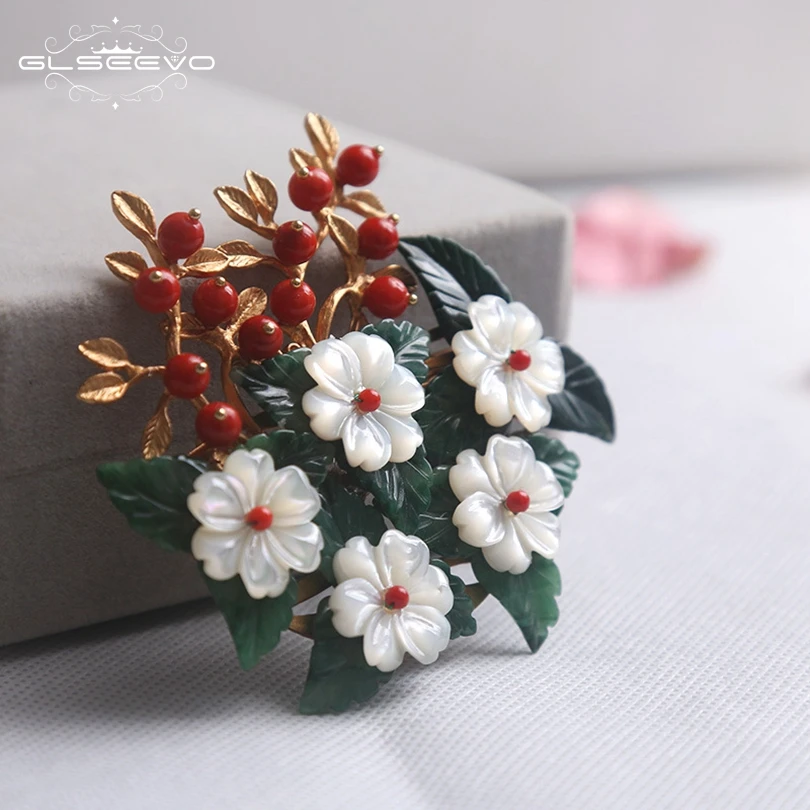 

GLSEEVO Natural Jade Leaf Brooch Pins Mother Of Pearl Flower Brooches For Women Party Jewelry Dual Use Luxury Jewellery GO0138