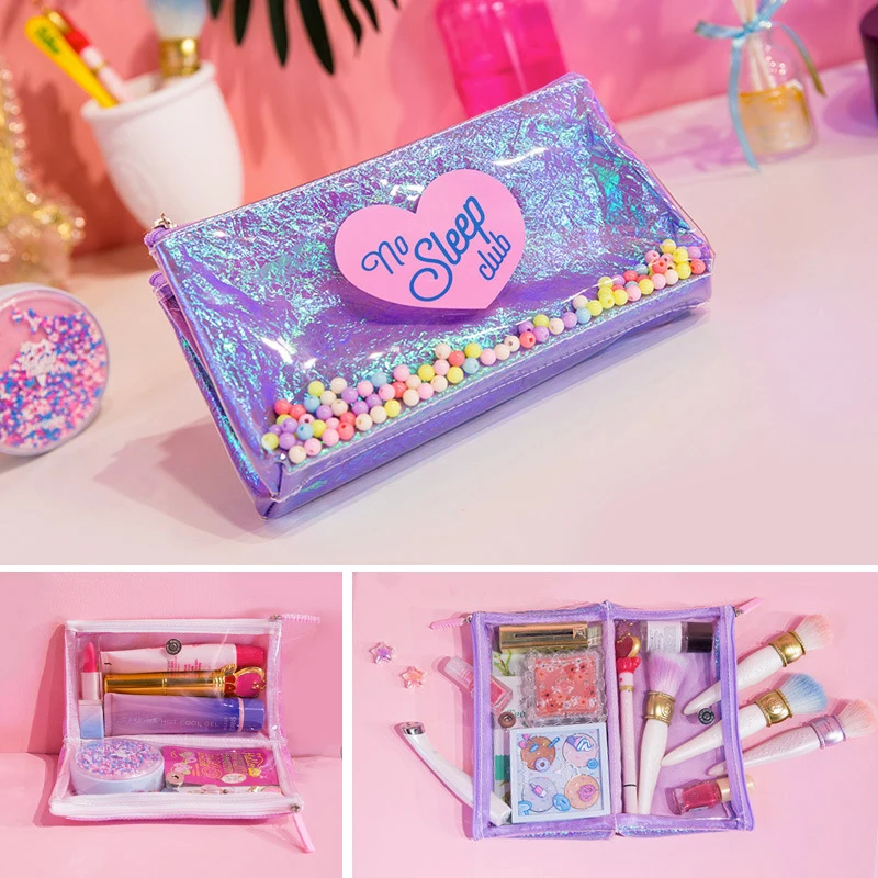 

Lanzon Laser Hologram Cute Cosmetic Bags Waterproof PVC Makeup Brushes Toiletry Organizer Pouch Travel Make Up Beauty Bag