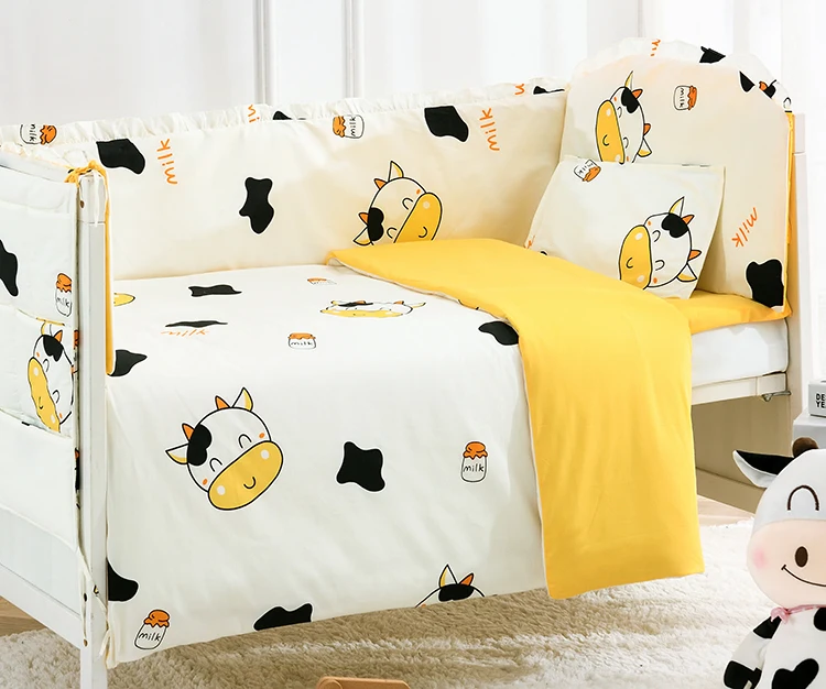 6/9PCS Cute Cow Baby Bedding Set cama infantil Newborn Infant Cartoon Crib Detachable baby blanket whole set | Мать и ребенок