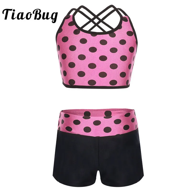 

TiaoBug Kids Teens Polka Dots Dance Workout Crop Top with Shorts Tankini Set Girls Gymnastics Suits Children Sports Dance Wear