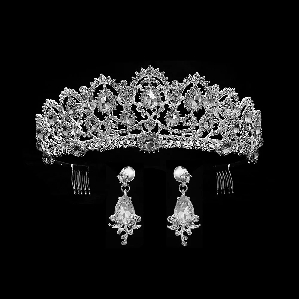 Свадебная корона для женщин, Золотая свадебная тиара, корона королевы невесты с серьгами, повязка на голову в стиле барокко, украшение для волос принцессы на выпускной - Окраска металла: silver