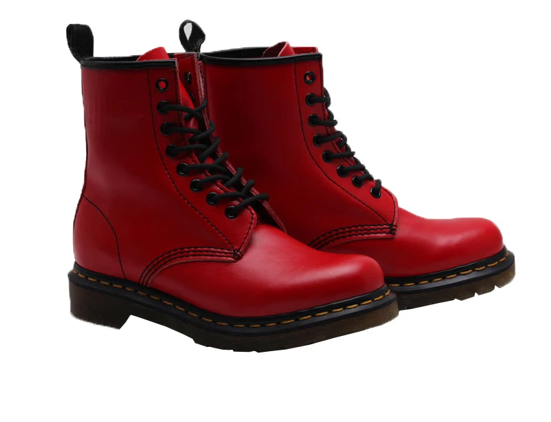 Новинка года Англия Стиль кожаные повседневные красные ботинки Для женщин головка Слои теплые полусапожки Мода «унисекс»; Симпатичные ботильоны, ботинки