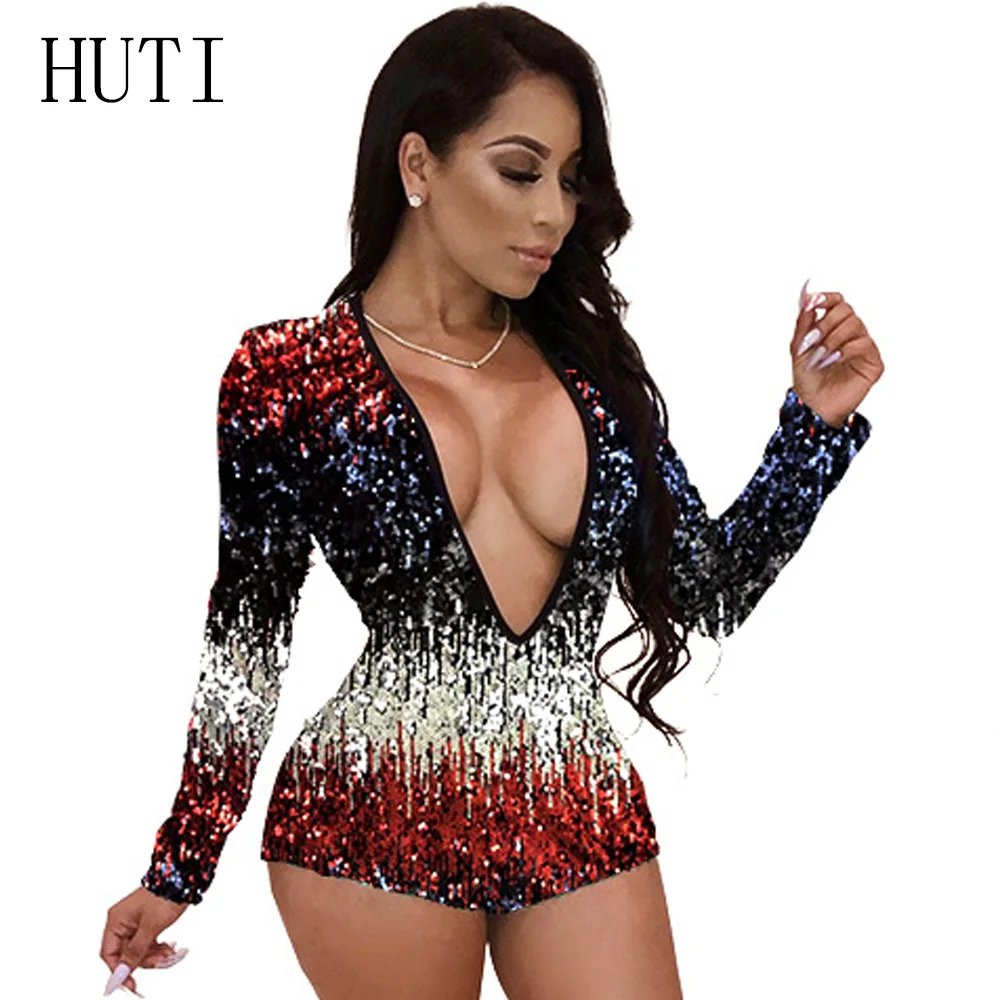 HUTI Charming Colorful Sequins Jumpsuit Rompers Sexy Deep V Neck Long Sleeve Playsuit Feminino Clubwear Skinny Jumpsuits