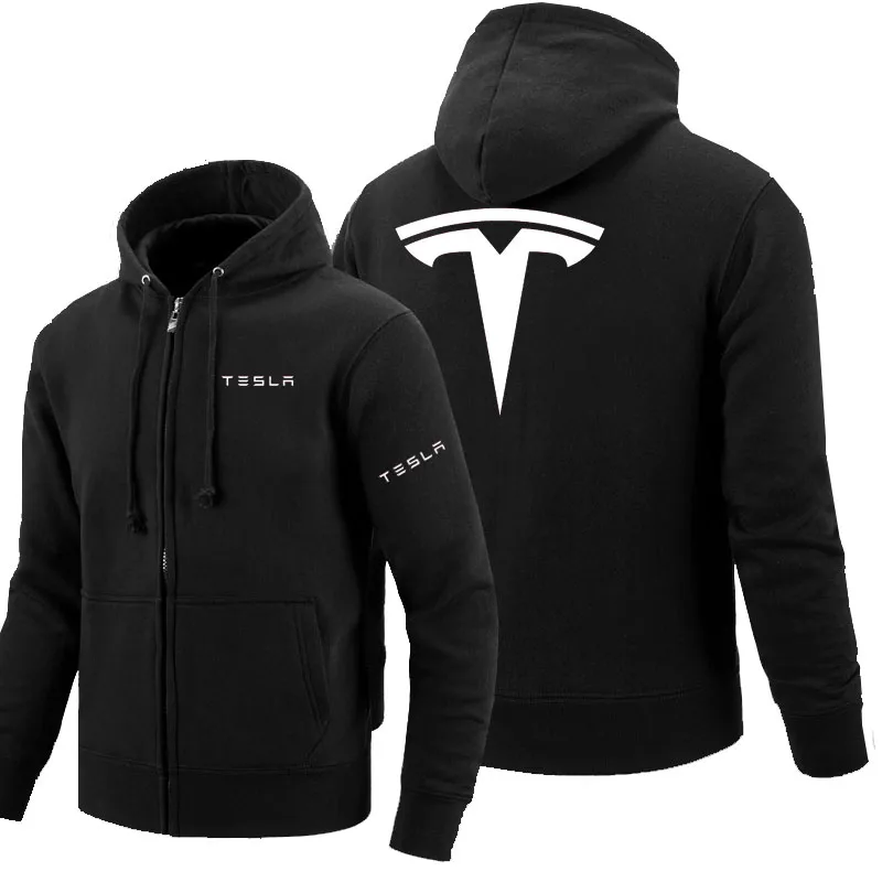 Толстовка на молнии с логотипом Tesla, мужские толстовки на молнии, осенняя толстовка с капюшоном, зимняя длинная модная повседневная одежда - Цвет: Черный