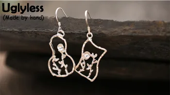

Uglyless Real S 990 Fine Silver Jewelry Asymmetric Designer Women Ethnic Dangle Earrings Handmade Carved Plants Brincos Hollow