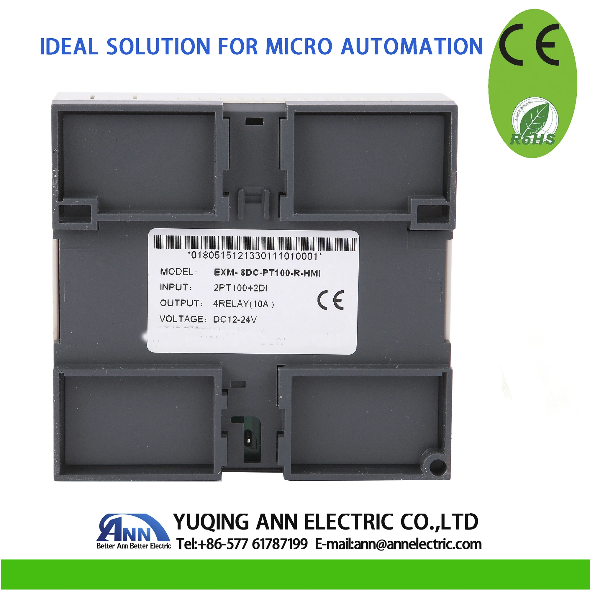 EXM-8DC-PT100-R-HMI with LCDProgrammable logic controllerVoltage: DC12-24V，Input: 2 digital + 2 Channels PT100 Output: 4 r