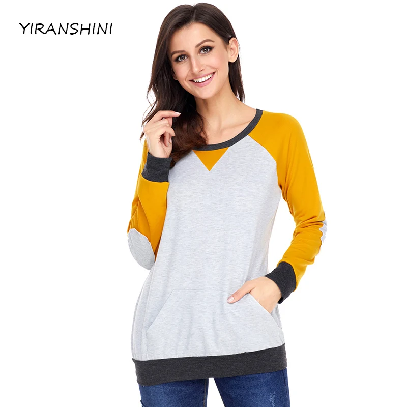 YIRANSHINI Yellow Raglan Long Sleeve Patch Elbow Sweatshirt Top 2018