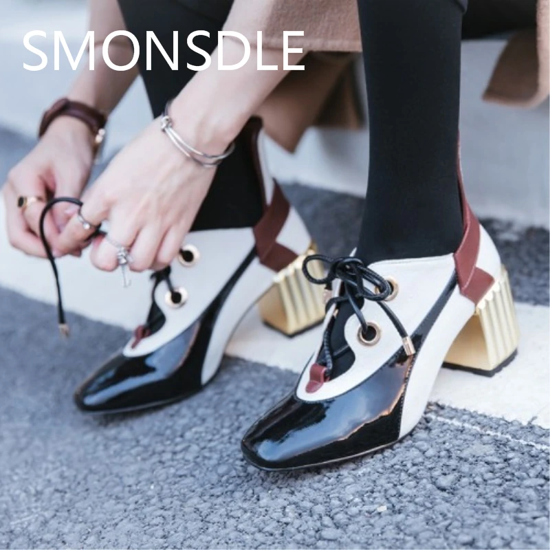 

2018 Fashion Spring Autumn Shoes Woman Lace Up Pumps Retro Genuine Leather Square Toe Square Heels Ladies Casual Shoes Pumps