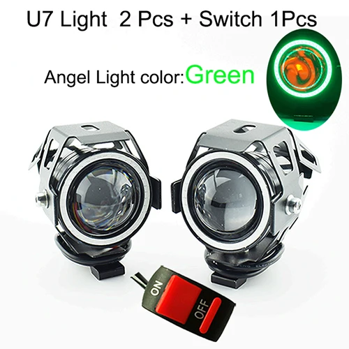 Мотоциклетный головной светильник, 125 лм, Вт, 12 В, верхний ближний свет, вспышка U7, светодиодный, для вождения, мото, противотуманный, точечный, головной светильник, вспомогательная лампа для мотоцикла, DRL - Цвет: green 2pcs 1switch