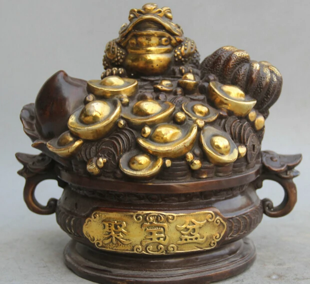 

JP S0524 10" Chinese Bronze Gild Wealth Money peach Golden Toad Spittor treasure bowl