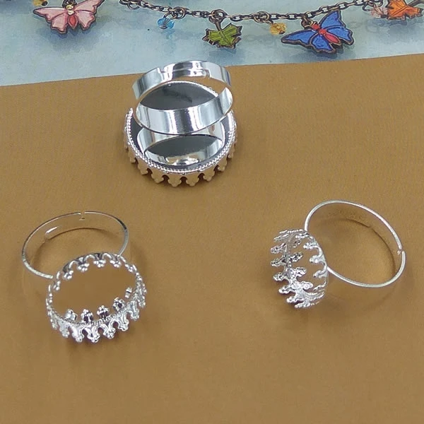 

20pcs Cabochon 12mm,15mm,20mm Crown Pad ring blank with Cameo Tray,Silver Color Ring setting,Vintage Handmade DIY Zakka Finding