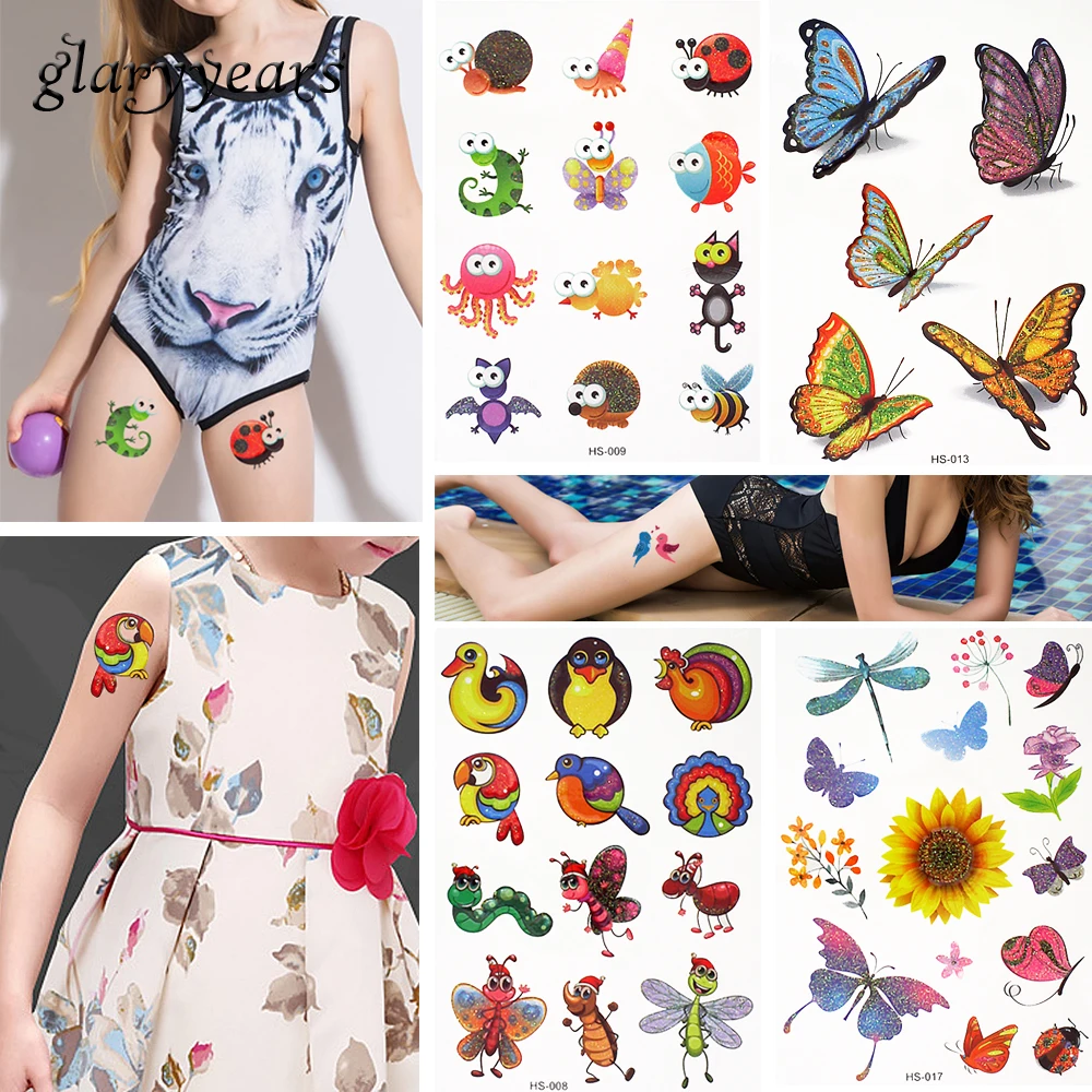 

18 Pieces/set Small Cartoon Owl Dragonfly Styling Fake Flash Glitter Temporary Tattoo Sticker for Child Women Girl Face Body Art