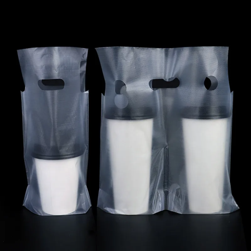 50pcs Disposable Cup Bags Coffee Doggy Bag Take-away Drinking Packing Tools Pastic Double Cups Carrier Bottle Handbag