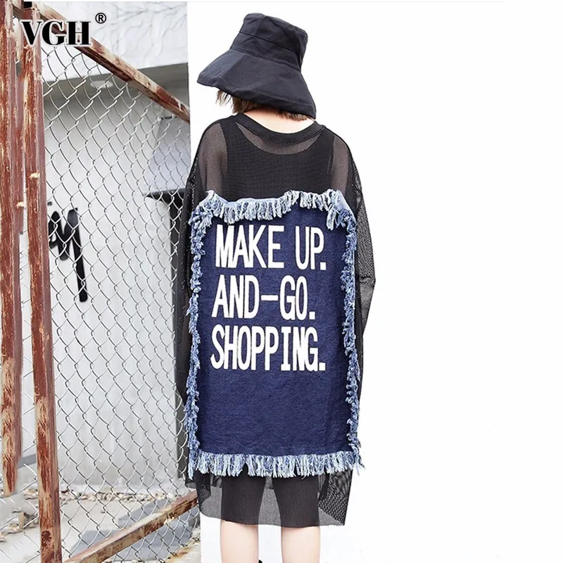 VGH 2018 New Summer Female T shirts For Women Top Long Sleeve Black Back Denim Split Joint Tassels Big Size shirt Fashion Tide | Женская
