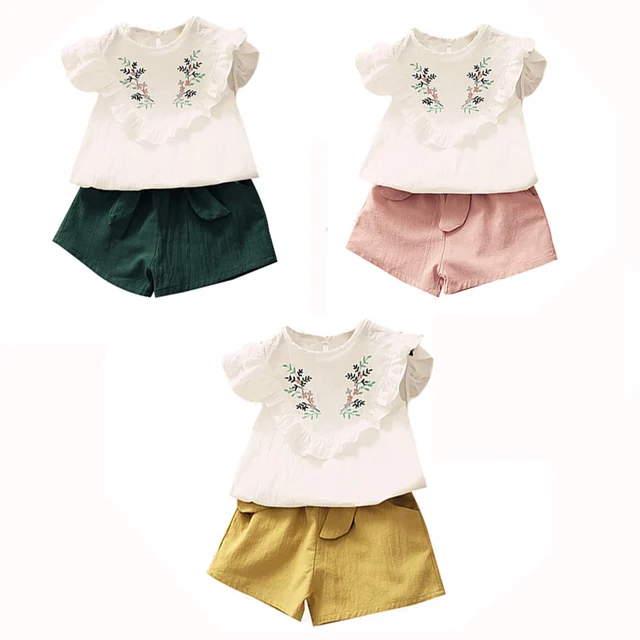 Summer Girls Clothing Set Child Sleeveless Floral T-shirt Top + Solid Color Shorts 2PCS Fashion Cotton Baby Girl Clothes Set 5