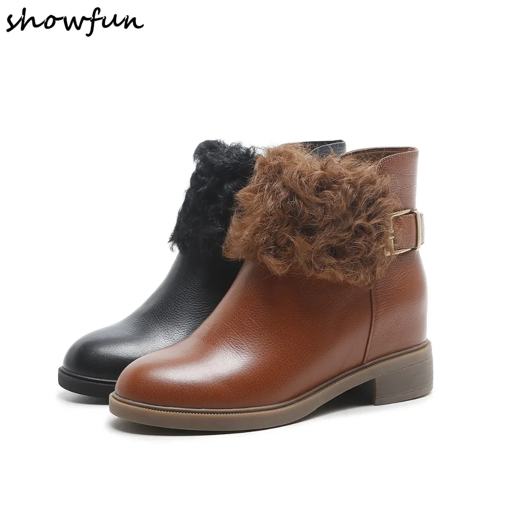 

Women's Genuine Leather Ankle Buckle Winter Flats Ankle Boots Wool Cold Weather Waterproof High Quality Short Booties Shoes Sale