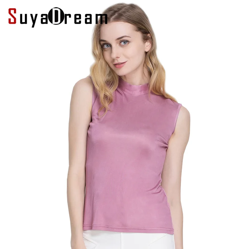 Women tank tops 100% Natural silk solid Turtleneck base vest 2022 Summer sleeveless silk top Black Pink White Bottoming shirt