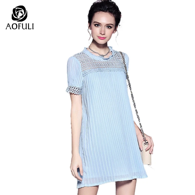 

L/XL/2XL Women Hollow Out Lace Pleated Dresses Fashion Summer Short Sleeve Casual Sundress Plus Size Blue Dress vestidos B5068