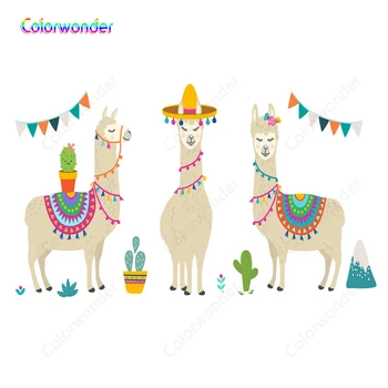 

Cartoon Photo Background White Alpacas with Colorful Blankets and High Hat Flags with Green Plant Backdrops for Mexican Party