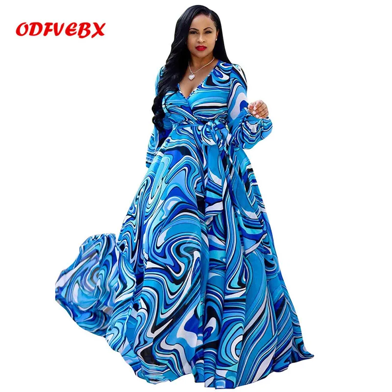 

2019 New Summer Female Print Chiffon Long Dresses Fashion Large Size Sexy V Neck Long Sleeve Dress Women European style ODFVEBX