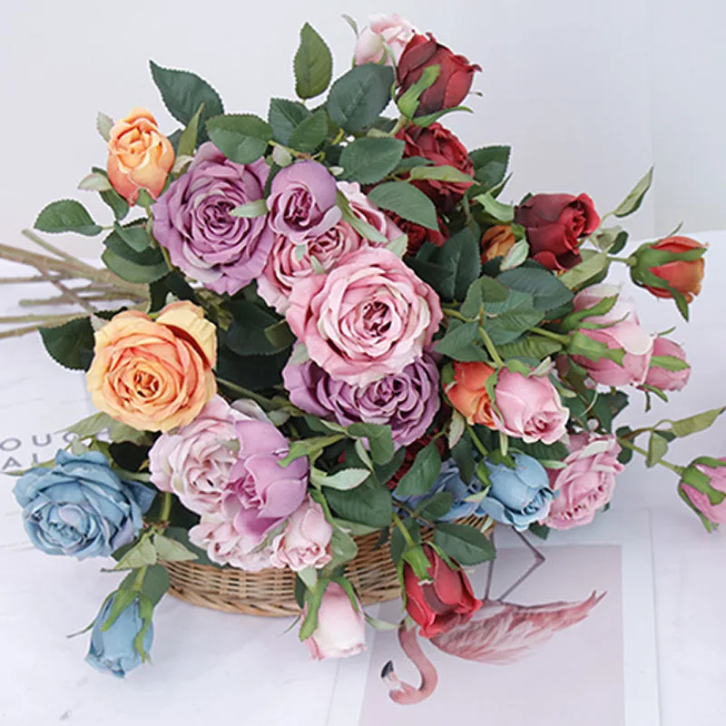 2 European Roses Artificial Flowers Decorative Flowers Eternal Rose for Decor for The Wedding Artificial Flower Bouquet Silk