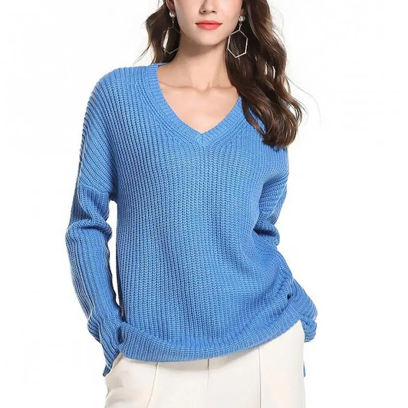 2018 Autumn And Winter Fashion Women's Sexy V-neck Knit Loose Pullover Long-sleeved Solid Color Casual Sweater Cj0325 | Женская