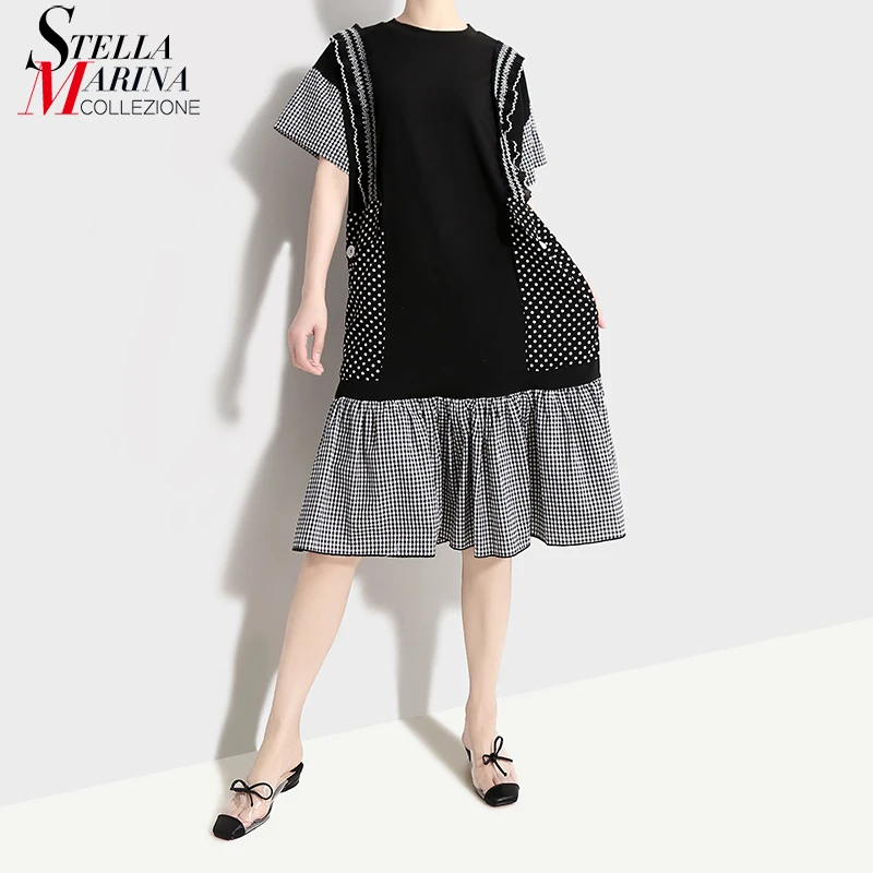 

New 2019 Summer Women A-Line Dress Short Sleeve O Neck Dotted Patchwork Ruffles Stitching Girls Cute Streetwear Dress Style 4999