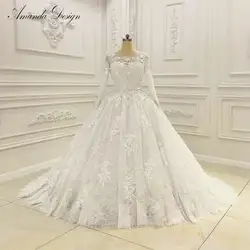 Abiti da sposa o-образным вырезом с длинным рукавом кружевные аппликационные Цветы свадебное платье 2019