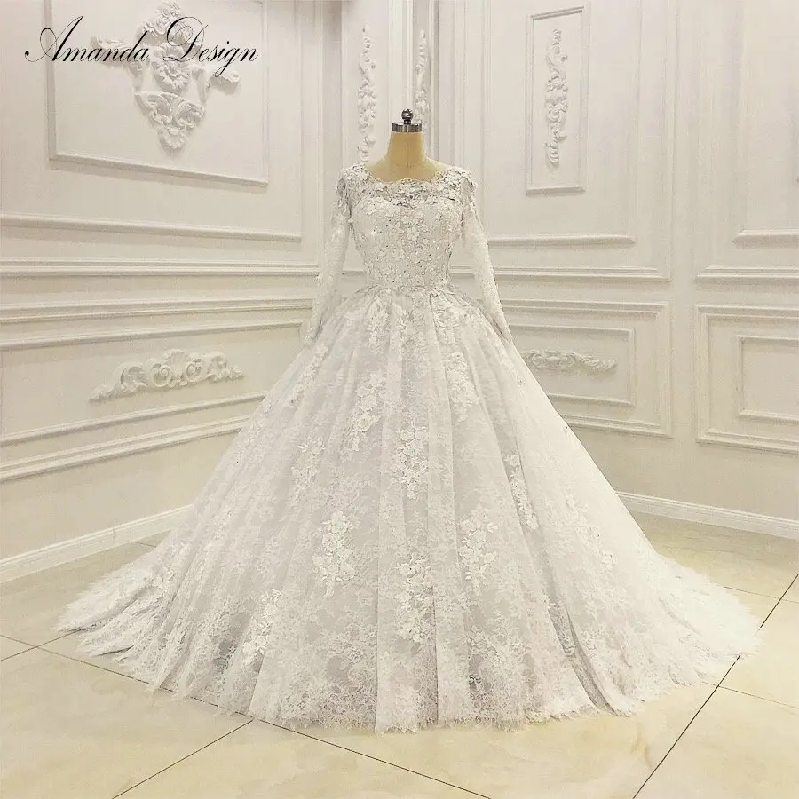 abiti da sposa O-Neck Long Sleeve Lace Appliques Flowers Wedding Dress 2019