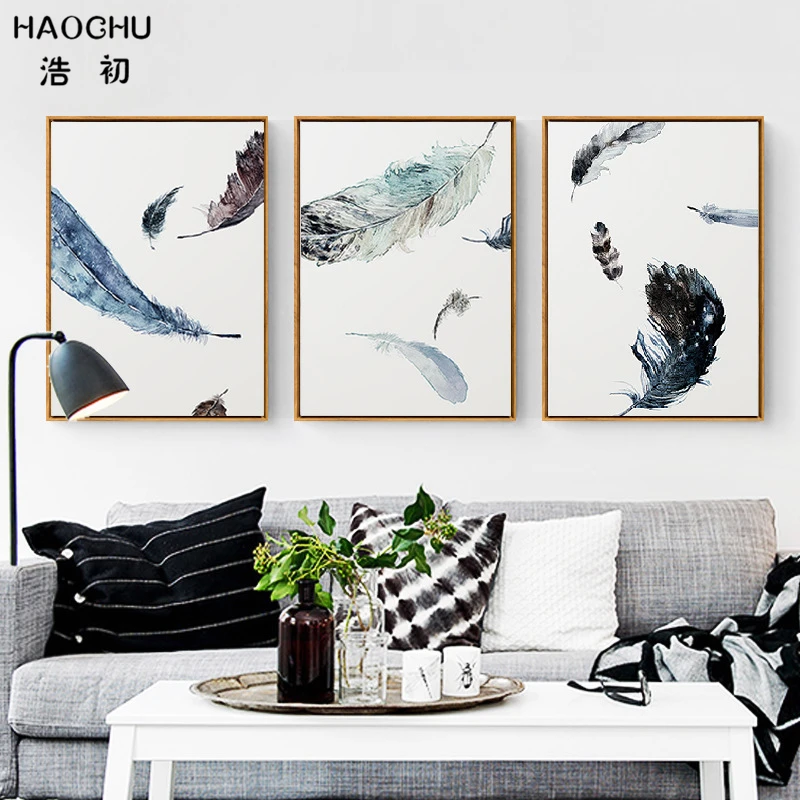 

HAOCHU Watercolor Black Blue Feather Canvas Painting Indian Art Print Poster Wall Pictures For Kids Room Decoration