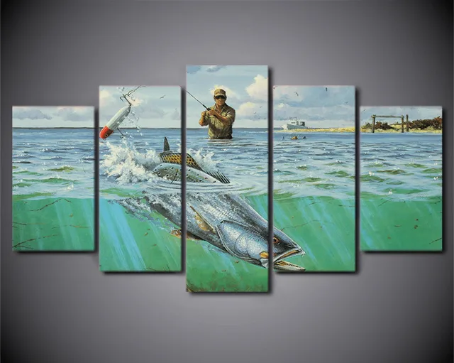 hd printed 5 piece canvas prints wall art ocean fish soldier fishing