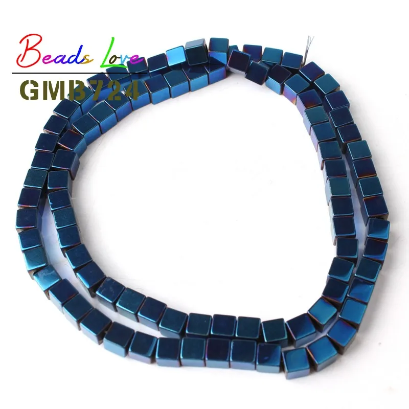 4x4 мм,, квадратная форма, большое отверстие, гематит, бусины для изготовления ювелирных изделий, натуральный камень, бисер, сделай сам, ожерелье, браслет, 15 дюймов - Цвет: Blue